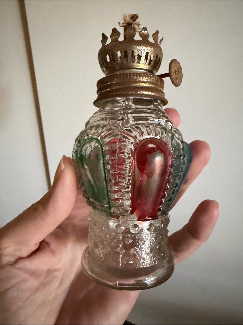 Vintage Decorative Glass Oil Lamp Base with Red and Green Accents